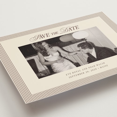 This is a maroon save the date postcards with standard by Pati Cascino called sienna printing on signature in postcard