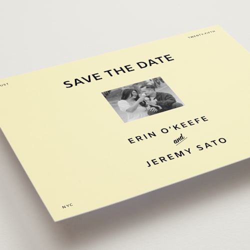 This is a butter save the date postcards with standard by Studio Suku called courthouse printing on signature in postcard