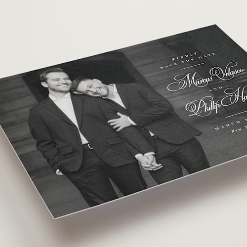 This is a newspaper save the date postcards with standard by Lea Delaveris called grand printing on signature in postcard