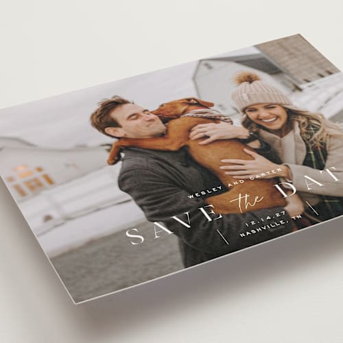 This is a cloud save the date postcards with standard by Sara Hicks Malone called modern stencil printing on signature in postcard