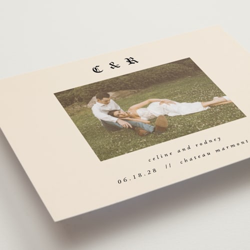 This is a ecru save the date postcards with standard by AK Graphics called marmont printing on signature in postcard