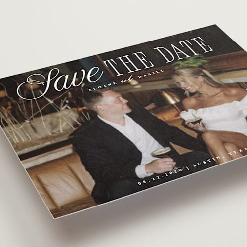 This is a porcelain save the date postcards with standard by Maria Alou called his & hers printing on signature in postcard