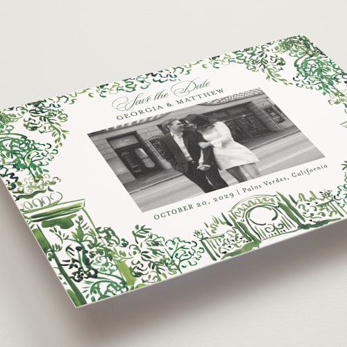 This is a sap save the date postcards with standard by Becky Nimoy called gates and pillars printing on signature in postcard
