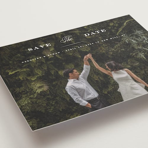 This is a gown save the date postcards with standard by Carolyn MacLaren called proper printing on signature in postcard