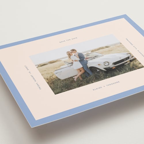 This is a french save the date postcards with standard by Pixel and Hank called thread printing on signature in postcard