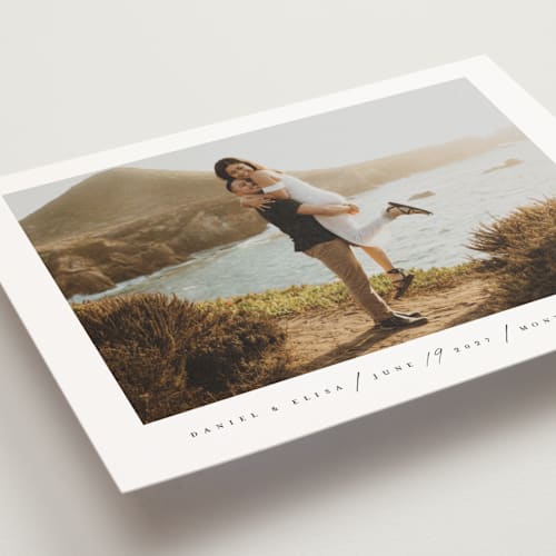 This is a blanc save the date postcards with standard by Faith Dorn called scripted date printing on signature in postcard