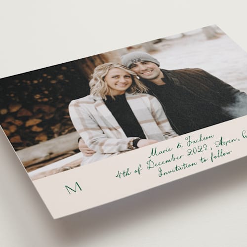 This is a ivory save the date postcards with standard by Petra Kern called simple scripty printing on signature in postcard