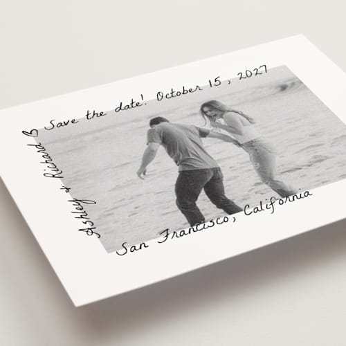This is a graphite save the date postcards with standard by Claudia Orengo called showered printing on signature in postcard