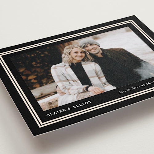 This is a tuxedo save the date postcards with standard by Carolyn MacLaren called preppy frame printing on signature in postcard