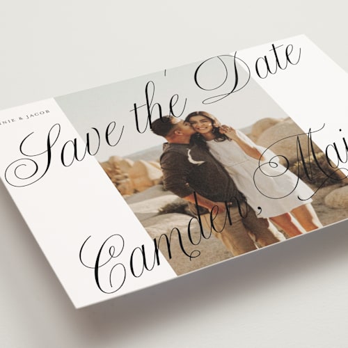 This is a snow save the date postcards with standard by Katharine Watson called bold script frame printing on signature in postcard
