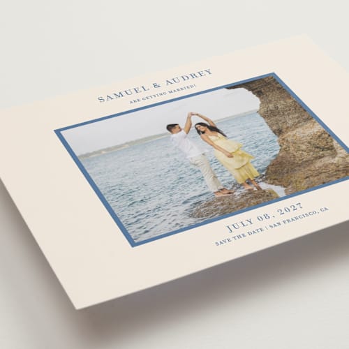 This is a beach blue save the date postcards with standard by Ani Somi called bermuda printing on signature in postcard