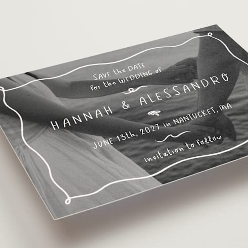 This is a snow save the date postcards with standard by Emily Sabol Goss called whimsical printing on signature in postcard