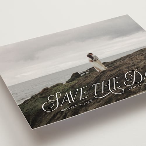 This is a porcelain save the date postcards with standard by Sarah Brown called story book printing on signature in postcard