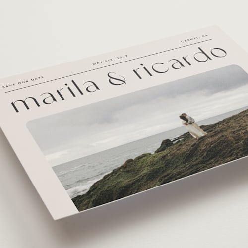 This is a linen save the date postcards with standard by Blustery August called nameplate printing on signature in postcard