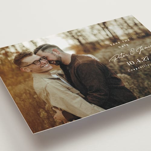 This is a snow save the date postcards with standard by Alethea and Ruth called side stack printing on signature in postcard