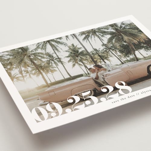 This is a linen save the date postcards with standard by Ashley Cuccio called malibu dreams printing on signature in postcard