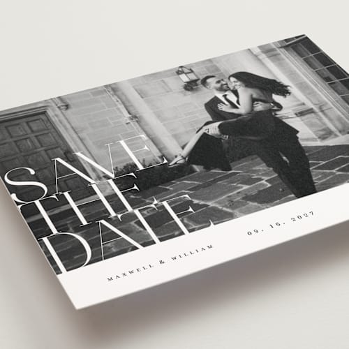 This is a pearl save the date postcards with standard by Ana de Sousa called editorial lettering printing on signature in postcard