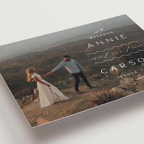 This is a bone save the date postcards with standard by Alaina Cherup called wiggly weekend printing on signature in postcard