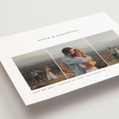 This is a linen save the date postcards with standard by Robert and Stella called trifold printing on signature in postcard
