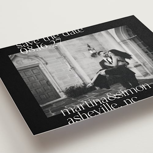 This is a onyx save the date postcards with standard by chocomocacino called baci di dama printing on signature in postcard