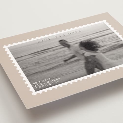 This is a taupe save the date postcards with standard by Claire called stamp printing on signature in postcard