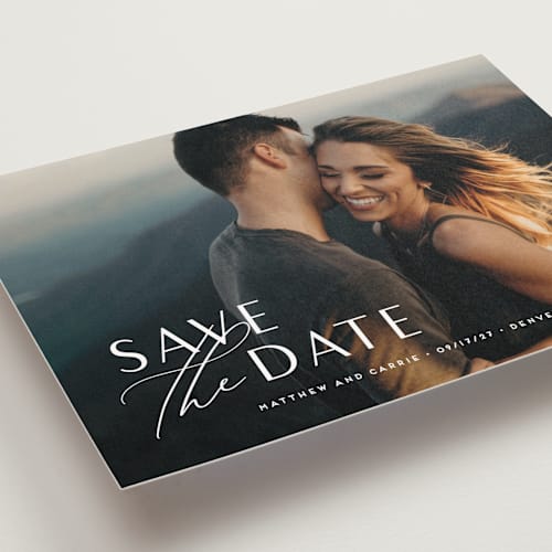 This is a pearl save the date postcards with standard by Jennifer Postorino called eloquent printing on signature in postcard