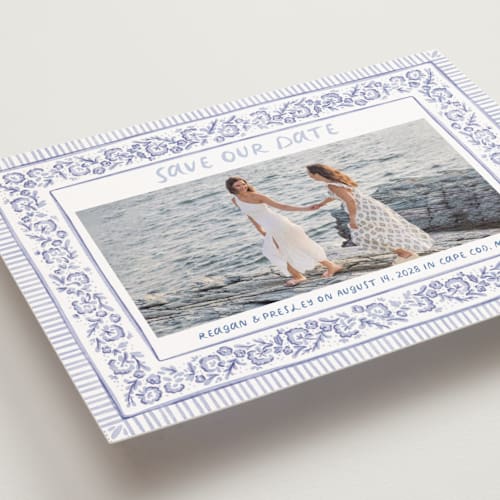 This is a cerulean save the date postcards with standard by Jenna Holcomb called provincial printing on signature in postcard