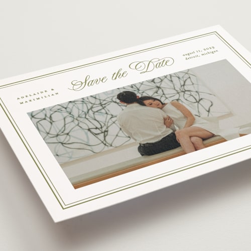 This is a olive save the date postcards with standard by Ellen Schlegelmilch called museo printing on signature in postcard