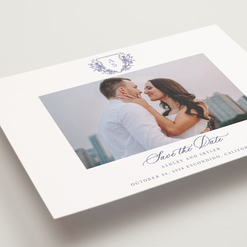 This is a dusty blue save the date postcards with standard by Cass Loh called watercolor flowers crest printing on signature in postcard