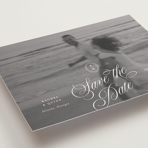 This is a ivory save the date postcards with standard by Paper Raven Co. called vintage romance printing on signature in postcard