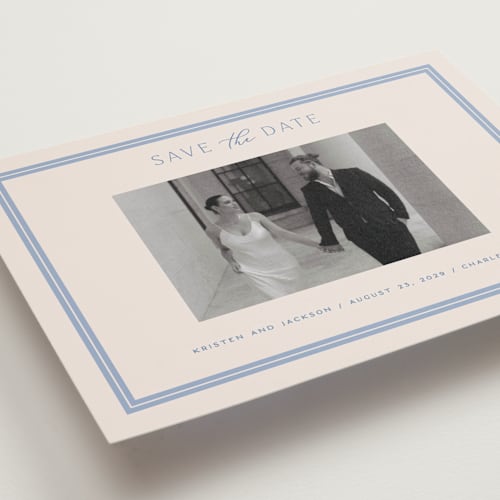 This is a periwinkle save the date postcards with standard by Hooray Creative called twin border printing on signature in postcard