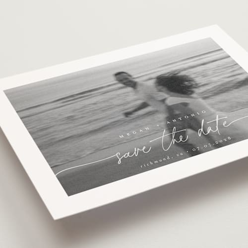 This is a ivory save the date postcards with standard by Pippa Shaw called gaussian printing on signature in postcard