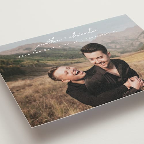 This is a cloud save the date postcards with standard by JoAnn Jinks called inked printing on signature in postcard