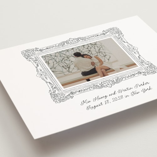 This is a diamond save the date postcards with standard by Jenna Holcomb called sketched frame printing on signature in postcard