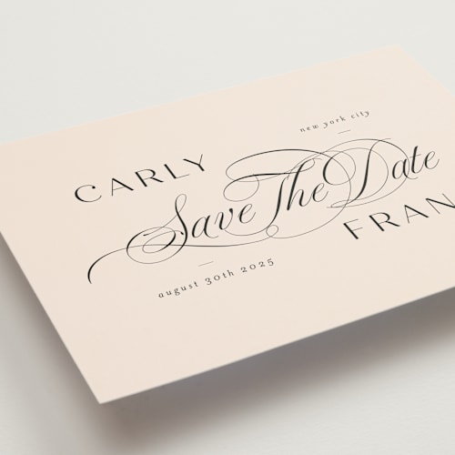 This is a blush save the date postcards with standard by Lori Wemple called soiree printing on signature in postcard