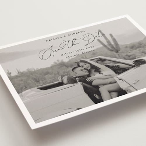 This is a nero save the date postcards with standard by Pati Cascino called toulon printing on signature in postcard