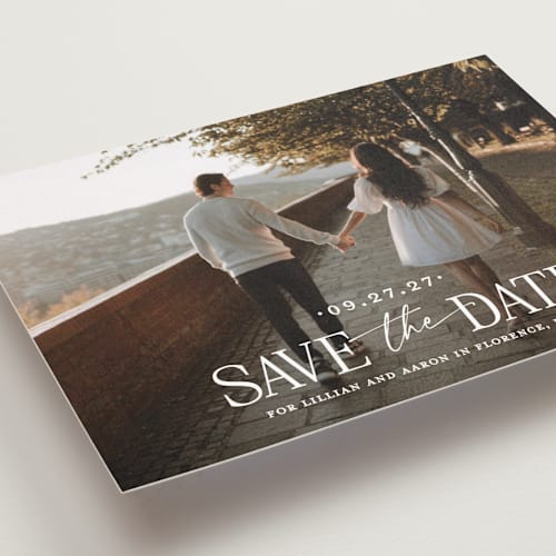 This is a powder save the date postcards with standard by Carolyn MacLaren called together forever printing on signature in postcard