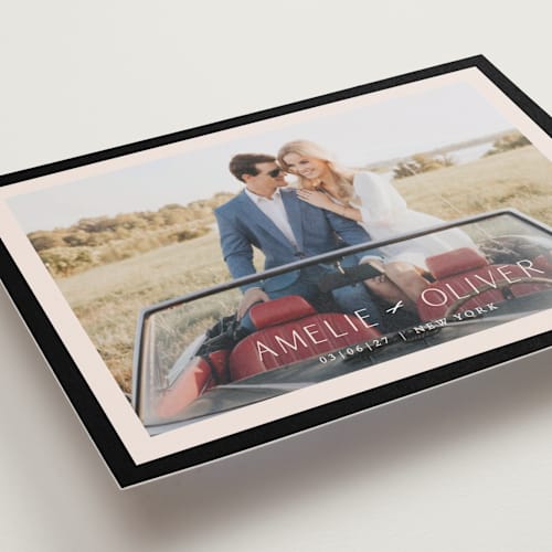 This is a onyx save the date postcards with standard by Angela Thompson called picturesque printing on signature in postcard