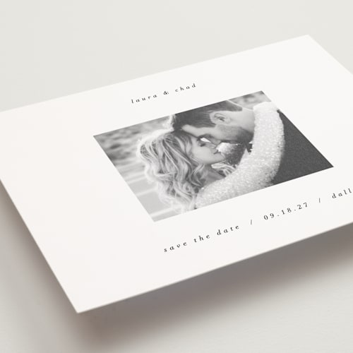This is a snow save the date postcards with standard by AK Graphics called understated elegance printing on signature in postcard