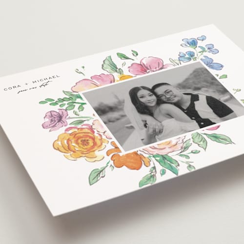 This is a vibrance press save the date postcards with standard by Itsy Belle Studio called floral pop printing on signature in postcard