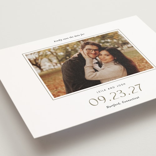 This is a olive save the date postcards with standard by Sara Hicks Malone called brampton printing on signature in postcard