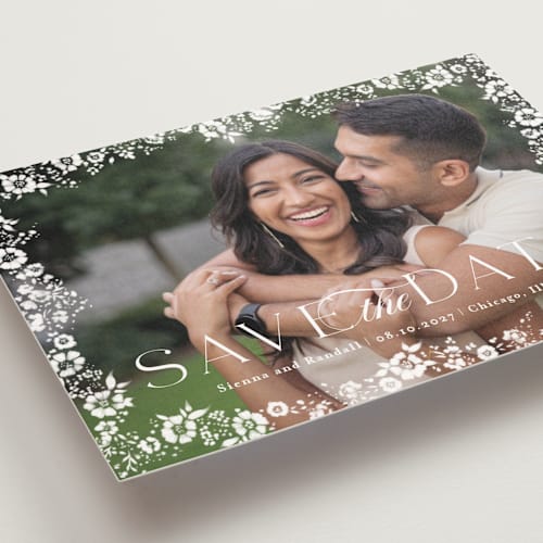 This is a snow save the date postcards with standard by Angela Marzuki called meander printing on signature in postcard