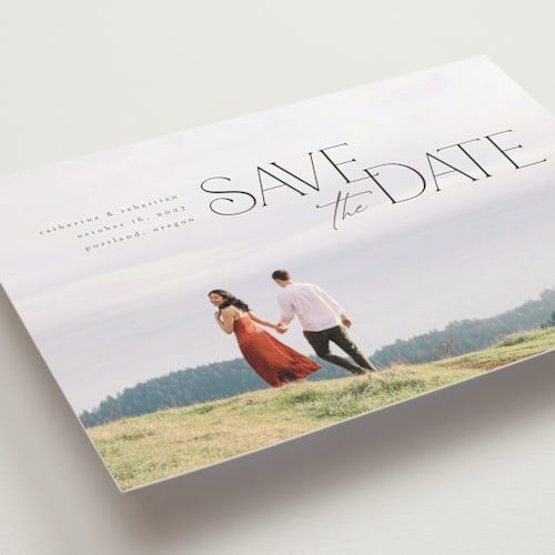 This is a galaxy save the date postcards with standard by Orasie called hand in hand printing on signature in postcard