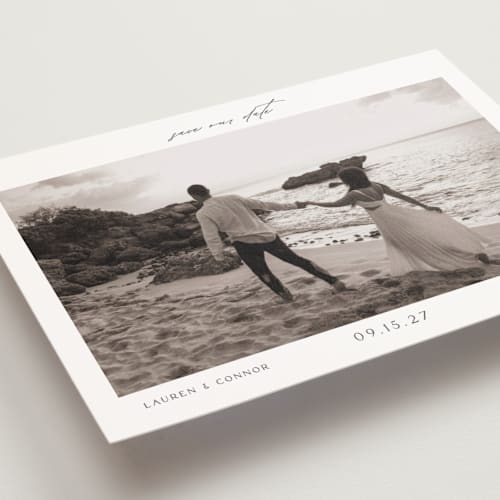 This is a pearl save the date postcards with standard by Nicole Walsh called pano printing on signature in postcard