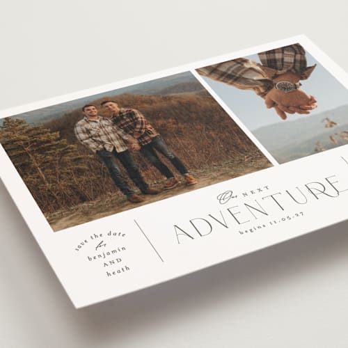 This is a mountain save the date postcards with standard by Corinne Malesic called the next adventure printing on signature in postcard