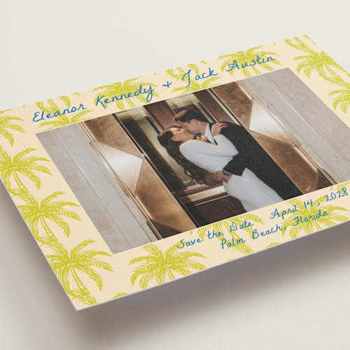This is a limon save the date postcards with standard by Megan Davis called palm beach printing on signature in postcard