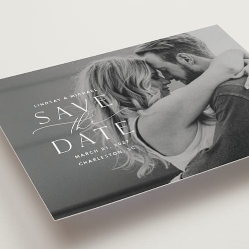 This is a pearl save the date postcards with standard by Jennifer Postorino called so this is love printing on signature in postcard