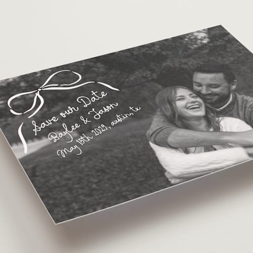 This is a pearl save the date postcards with standard by Jelena Vuletic called inkwoven printing on signature in postcard