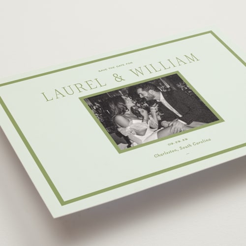 This is a forest save the date postcards with standard by Sara Hicks Malone called dewberry printing on signature in postcard