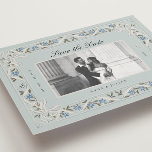 This is a sky save the date postcards with standard by Ana de Sousa called romantic elegance printing on signature in postcard